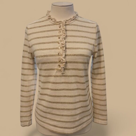 Sézane Gaël Marinière Top Ivory & Gold Striped Long Sleeve with Ruffle Trim XS - Picture 2 of 14
